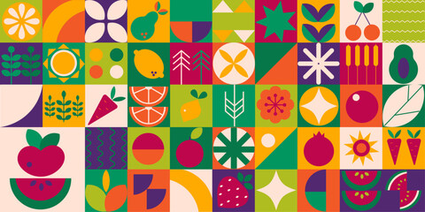 Geometric modern  background. Abstract vegetables fruits minimalist style.  Seamless pattern Bauhaus - obrazy, fototapety, plakaty