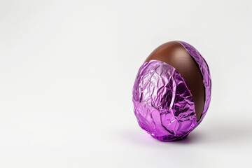 milk chocolate easter egg in purple aluminium foil wrapper