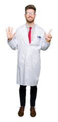 Young handsome scientist man wearing glasses showing and pointing up with fingers number seven while smiling confident and happy.