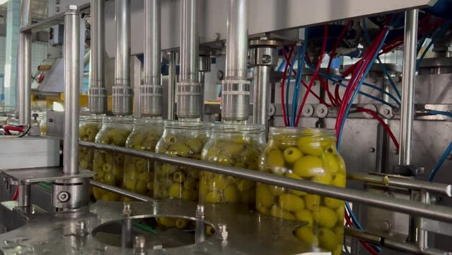 Close-up of the movement of jars filled with olives on the conveyor belt. Glass jars of green olives move on an automatic conveyor belt in a cannery. Automatic marinade pouring. Food industry.