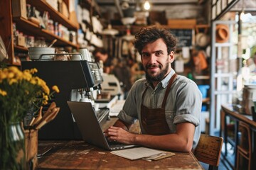 Picture of a male business owner Run a successful online business and small store business. - obrazy, fototapety, plakaty