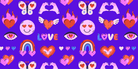 Colorful groovy design of hearts, rainbow, butterfly, eye on blue background. Love and passion. Valentine's Day. Grungy hand drawn style. Banner, header, cover