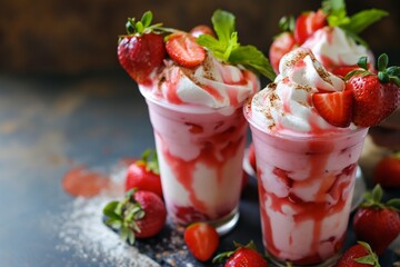 Relax in a cafe. Strawberry smoothie parfait shake juice. generative ai