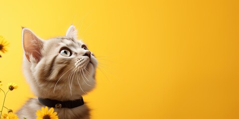 Cute banner with a cat looking up on solid yellow background - obrazy, fototapety, plakaty