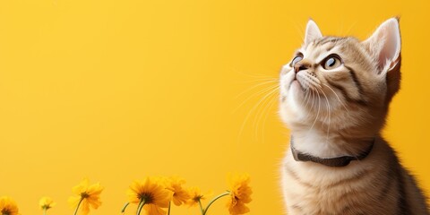 Cute banner with a cat looking up on solid yellow background - obrazy, fototapety, plakaty