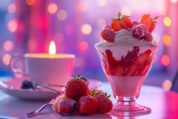 Relax in a cafe. Strawberry smoothie parfait shake juice. generative ai