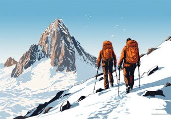 Naklejka na ściany i meble Two climbers climb to the top of a snowy mountain. Professional hiking. Climbing team. Tourism or sport life style concept. Illustration for cover, card, postcard, interior design, decor or print.