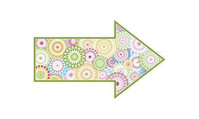 Straight arrow sign with colorful mandala elements isolated on white.