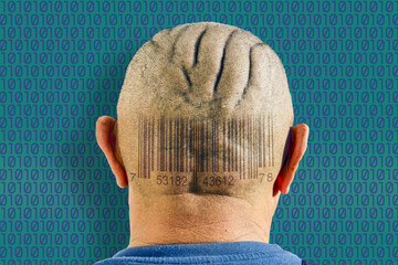 The trade barcode on the man's head.