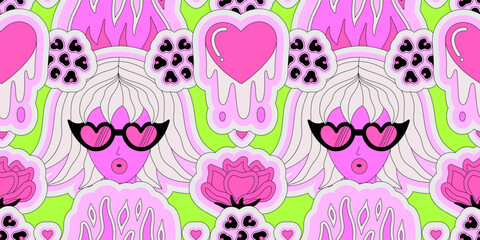 Bright seamless pattern of woman, flame, melting heart and rose on acid green background. Vector illustration for Valentine's Day. Love and passion. Banner, header, wrapping paper, wallpaper, fabric