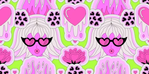 Foto auf Acrylglas Bright seamless pattern of woman, flame, melting heart and rose on acid green background. Vector illustration for Valentine's Day. Love and passion. Banner, header, wrapping paper, wallpaper, fabric © leila_divine