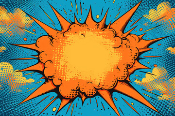 Comic style explosion with clouds and halftone pattern