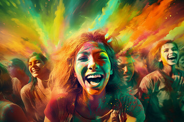 Group of cheerful friends having fun in colorful powder dust explosion at happy holi festival party