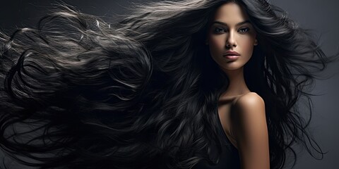 Stunning young woman with long healthy black hair. Beautiful wavy shiny hair. Hair salon banner