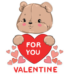 Hand drawn cute little Bear and red heart background Cute card for Valentine's Day  love vector simple illustration design