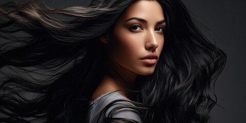 Stunning young woman with long healthy black hair. Beautiful wavy shiny hair. Hair salon banner - obrazy, fototapety, plakaty