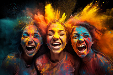 Three happy girls having fun in colorful powder dust explosion at happy holi festival party