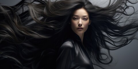 Stunning young woman with long healthy black hair. Beautiful wavy shiny hair. Hair salon banner