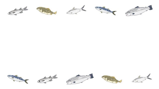 Ayu, salmon, mackerel, mullet, and milk fish in cartoonish style