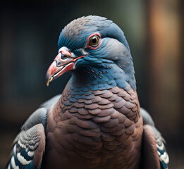 close up of a pigeon with a blurred background. pigeon close up. Professional studio portrait of a pigeon. generative AI