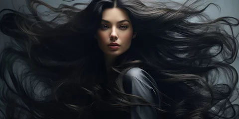Fotobehang Stunning young woman with long healthy black hair. Beautiful wavy shiny hair. Hair salon banner © Murda