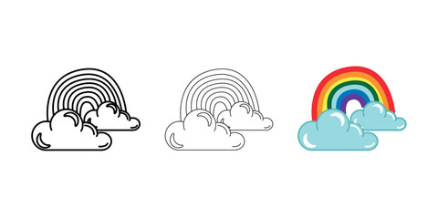 Fototapeta premium Clouds with rainbow Weather Icon vector image on white background. Three icons thick, thin, colored outline. Can be used for mobile apps, web apps and print media