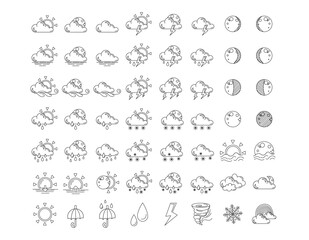 56 Weather icons. Weather forecast icon set. Clouds logo. Weather, clouds, sunny day, moon, snowflakes, wind, sunny day. Vector illustration. Colored icons.