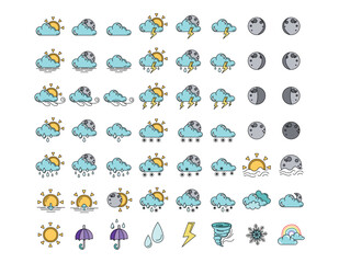 56 Weather icons. Weather forecast icon set. Clouds logo. Weather, clouds, sunny day, moon, snowflakes, wind, sunny day. Vector illustration. Colored icons.