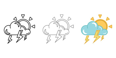 Cloud with sun and strong thunderstorm Weather Icon vector image on white background. Three icons thick, thin, colored outline. Can be used for mobile apps, web apps and print media