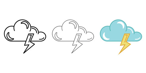 Cloud with thunderstorm Weather Icon vector image on white background. Three icons thick, thin, colored outline. Can be used for mobile apps, web apps and print media