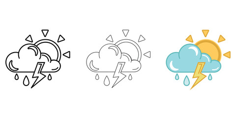 Cloud with sun, thunderstorm and rain Weather Icon vector image on white background. Three icons thick, thin, colored outline. Can be used for mobile apps, web apps and print media