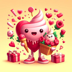 Playful Ice Cream Character with Candies and Hearts cartoon 3d