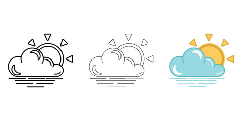 Cloud with sun and fog Weather Icon vector image on white background. Three icons thick, thin, colored outline. Can be used for mobile apps, web apps and print media