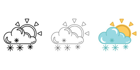 Cloud with sun and heavy snowfall Weather Icon vector image on white background. Three icons thick, thin, colored outline. Can be used for mobile apps, web apps and print media