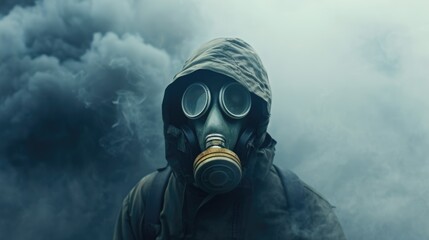 Man wear gas mask. Dangerous toxic radiation. Air pollution concept. Apocalypse world. Person in protective respirator. Nuclear war. Radioactive smog. Nature chemical contamination. Stalker survivor. - obrazy, fototapety, plakaty