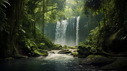 Foto op Plexiglas  A breathtaking waterfall in a lush rainforest, providing a serene area for text overlay amidst the cascading water and verdant foliage- Generative AI © Huzaifa
