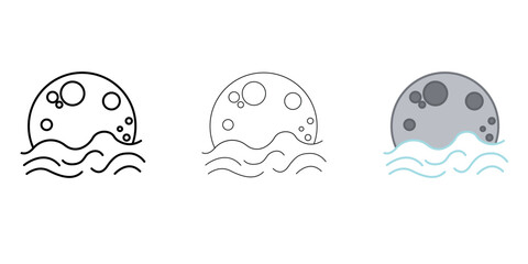 Moon in the fog Weather Icon vector image on white background. Three icons thick, thin, colored outline. Can be used for mobile apps, web apps and print media