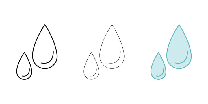 Raindrops Weather Icon vector image on white background. Three icons thick, thin, colored outline. Can be used for mobile apps, web apps and print media
