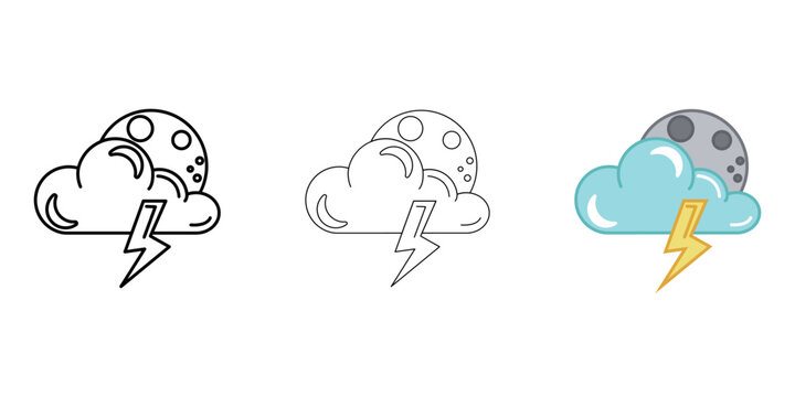 Cloud with moon and thunderstorm Weather Icon vector image on white background. Three icons thick, thin, colored outline. Can be used for mobile apps, web apps and print media