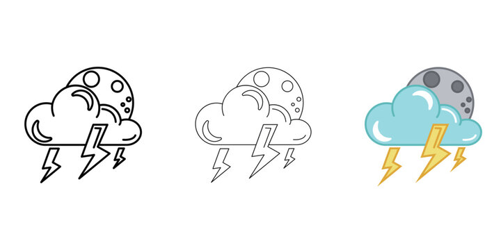 Cloud with moon and strong thunderstorm Weather Icon vector image on white background. Three icons thick, thin, colored outline. Can be used for mobile apps, web apps and print media