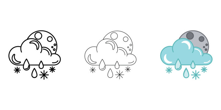 Cloud with moon rain and snow  Weather Icon vector image on white background. Three icons thick, thin, colored outline. Can be used for mobile apps, web apps and print media