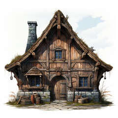 Fototapeta na wymiar Old wooden viking house illustration isolated on white background.