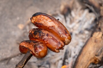 Barbecue on fire. Sausage heating above the campfire in Switzerland.