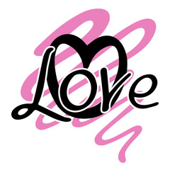 Love word hand drawn lettering with heart. Calligraphy script love text. Design for print on shirt, poster, banner, sticker