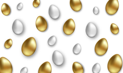 Vector Illustration of white and golden eggs scattered on a white background. White and gold eggs. Easter illustration for you design. Vector EPS 10
