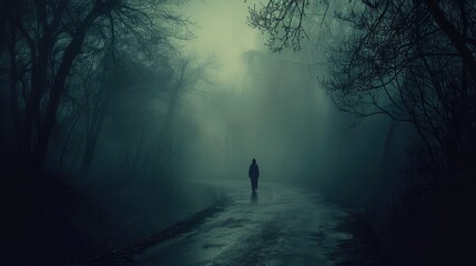 Fototapeta premium Ghost on the scary road in the paranormal world. Horrible dream. Strange forest in a fog. Mystical atmosphere. Dark wood. Mysterious road. Gothic witch.