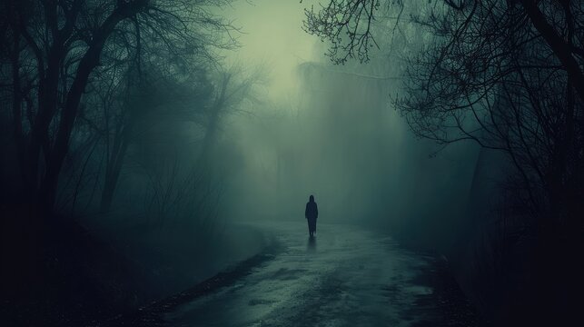 Ghost on the scary road in the paranormal world. Horrible dream. Strange forest in a fog. Mystical atmosphere. Dark wood. Mysterious road. Gothic witch.