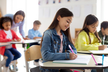 Engaged school children sit at desks, writing in their copybooks, creating studious atmosphere in classroom interior