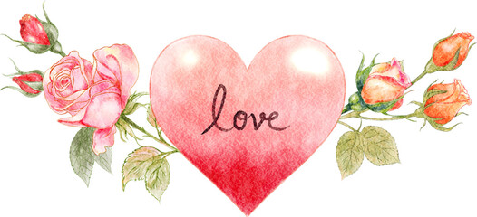 Heart with roses . Watercolor painting design . Valentine day concept . PNG .