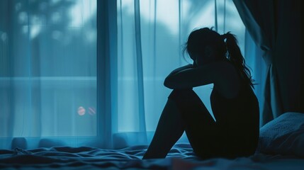 Silhouette of a woman sitting on bed feeling sleepless, suffering from emotional stress